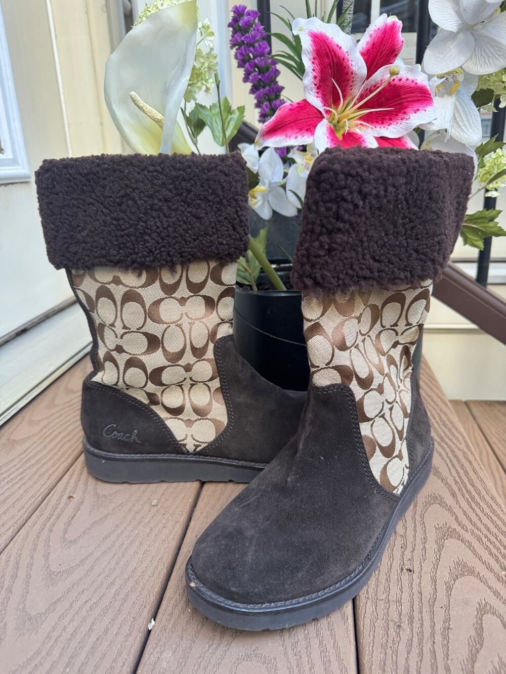 Coach Kally Signature Khaki Chestnut Boots 9B (500